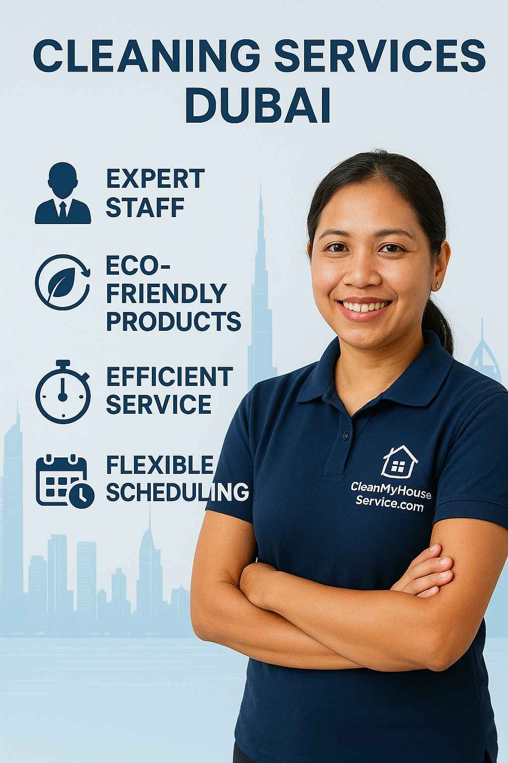 Infographic explaining why to choose CleanMyHouseService for cleaning services in Dubai. Features expert staff, eco-friendly products, efficient service, and flexible scheduling. Includes icons, minimalistic background, and Dubai skyline, highlighting local expertise and professionalism in a clean, modern design.