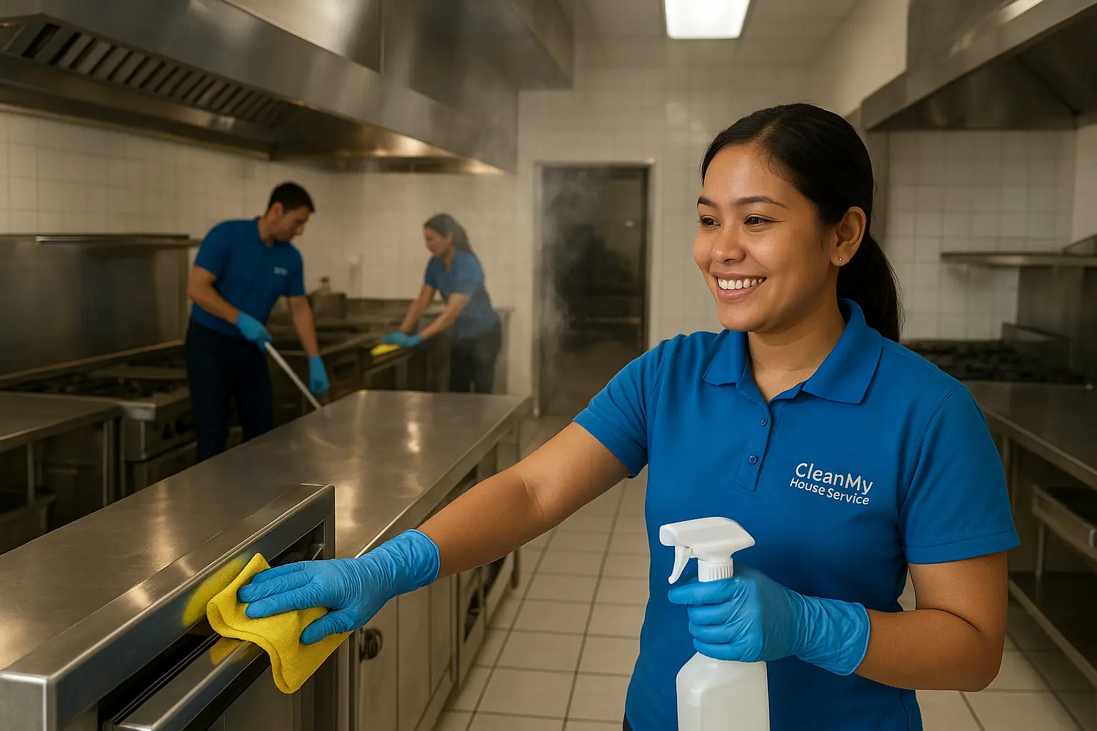 A commercial deep cleaning team meticulously cleans a large industrial kitchen with high-tech equipment, polished stainless steel, and pristine tiles, highlighting their expertise and diligence. Dynamic lighting emphasizes the spotless environment, reflections, and steam from industrial disinfectant.