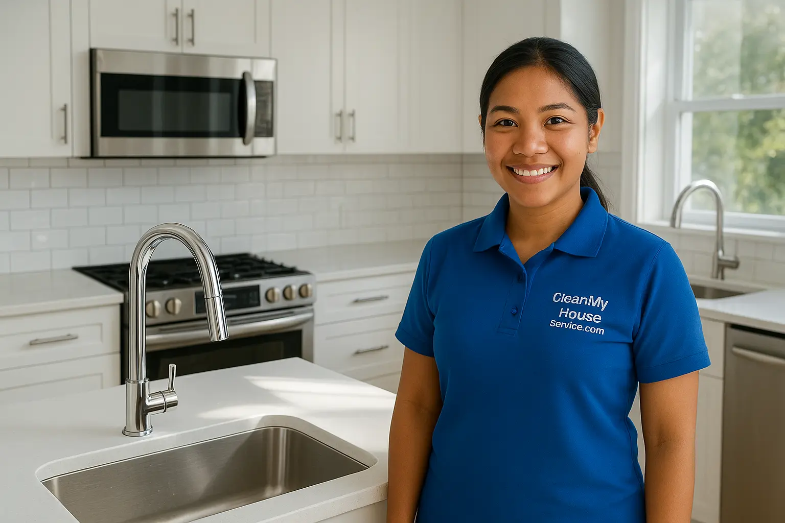 A hyper-realistic photo of a deep-cleaned kitchen with gleaming white countertops, polished stainless steel appliances, and glossy ceramic tiles. Sunlight highlights a sparkling sink under a modern chrome faucet. Pristine surfaces capture the essence of cleanliness and care.