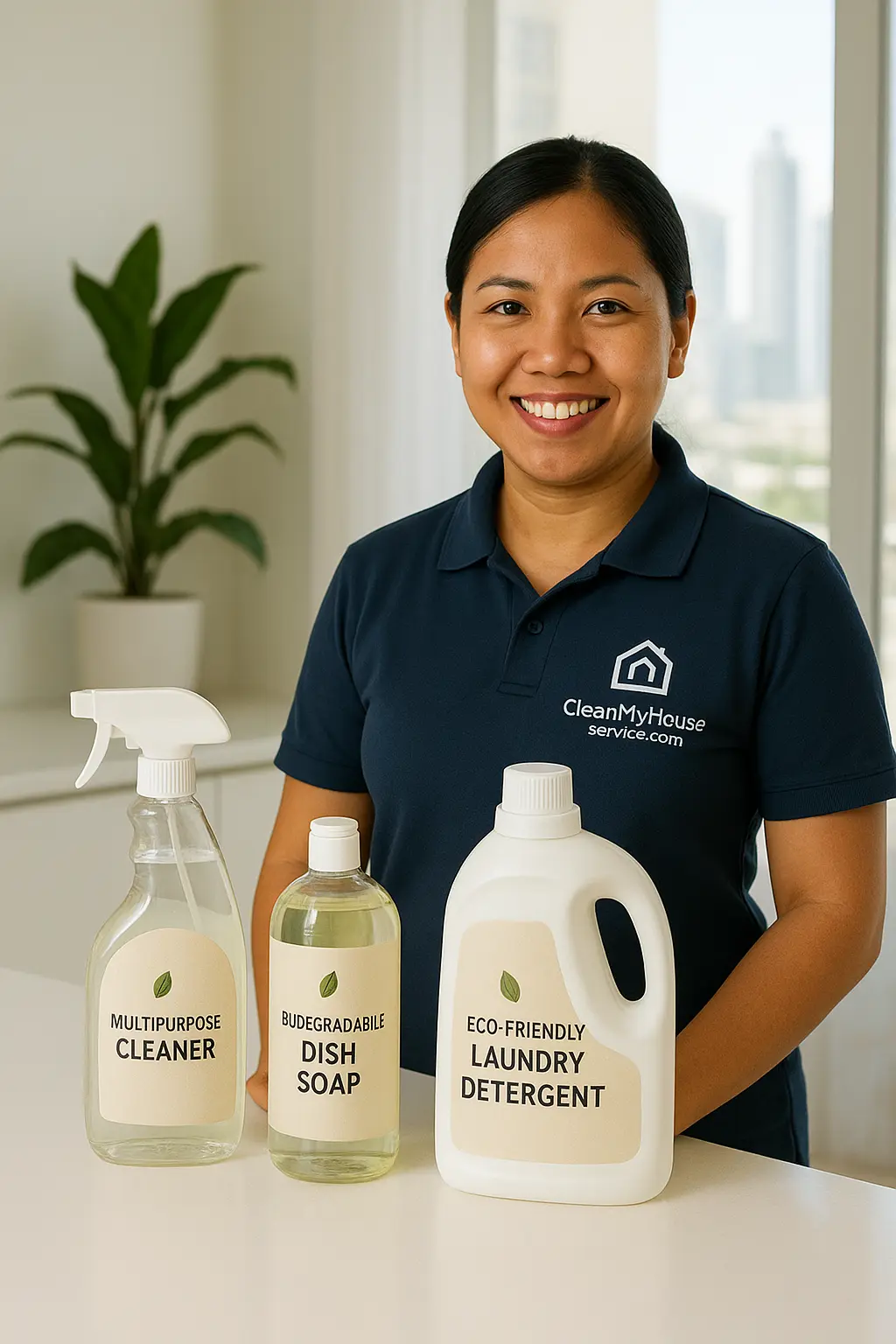 A photorealistic scene of eco-friendly cleaning solutions in Dubai on a white countertop, showcasing multipurpose cleaner, biodegradable dish soap, and eco-friendly laundry detergent with sleek, minimalistic labels, professionally lit to highlight sustainability and modern design.