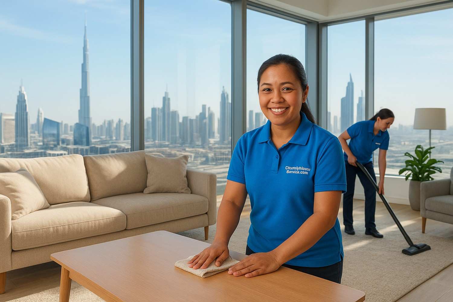 Professional cleaners sanitize a modern Dubai apartment's living room with panoramic windows showing the skyline. One polishes a coffee table; another vacuums a carpet, capturing dust in sunlight. The room reflects luxurious, minimalist decor, illustrating a clean, fresh start for new occupants.
