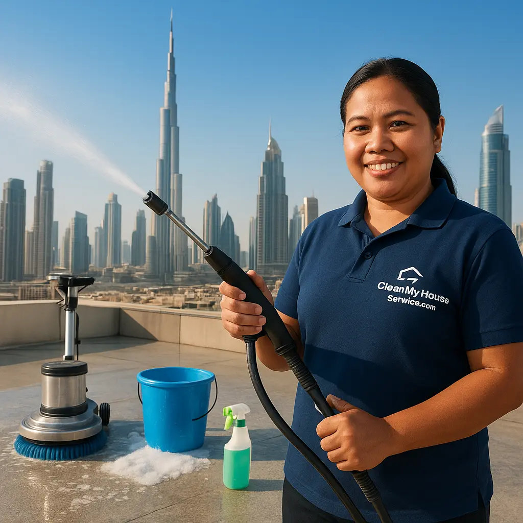 A deep cleaning service on a Dubai rooftop, with professionals using advanced tools and eco-friendly products. Sunlit skyscrapers reflect dynamic shadows. Close-ups show equipment textures, water spray, and detergent bubbles, highlighting modern urban cleanliness in Dubai's iconic skyline backdrop.