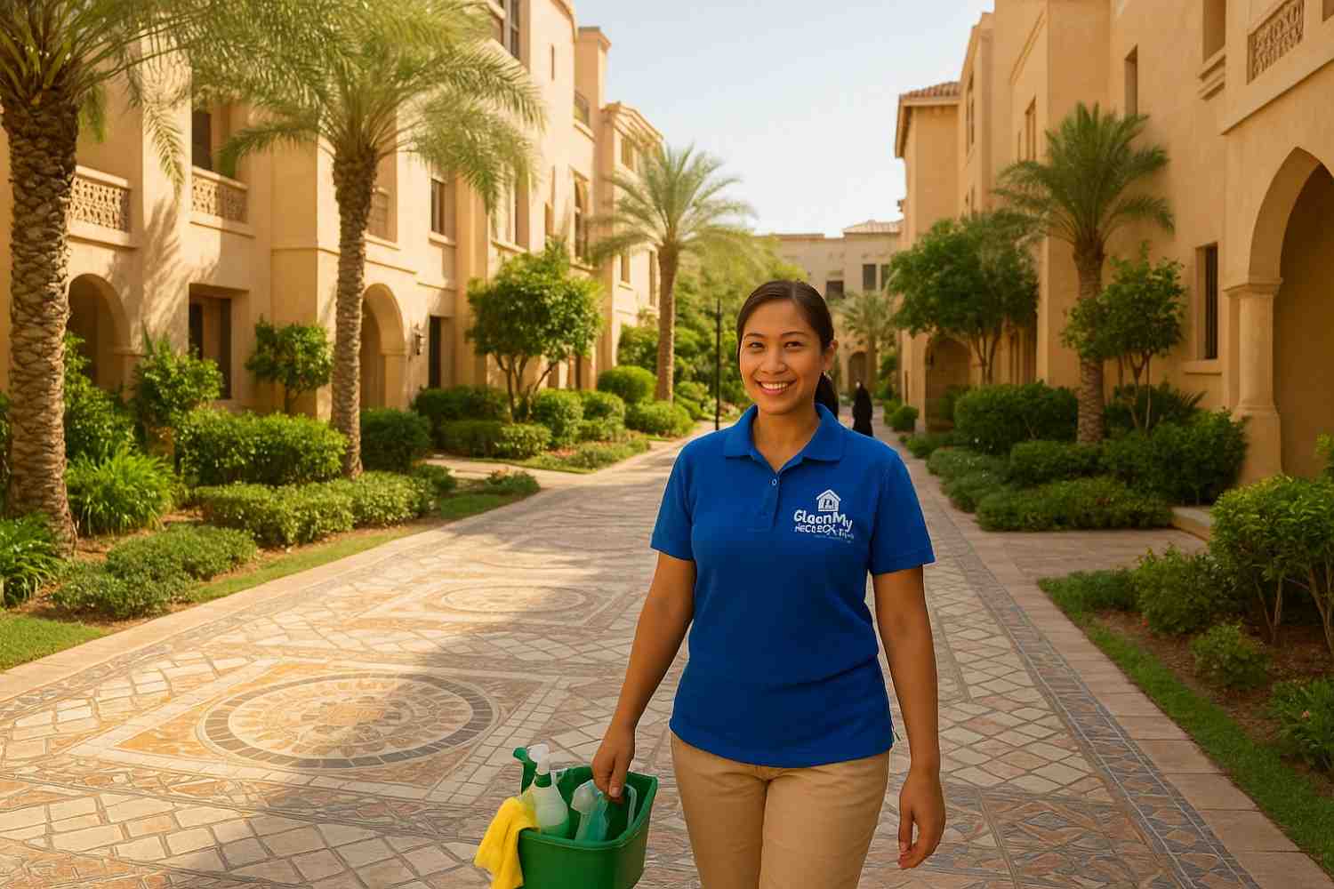 A maid in uniform crosses an ornately tiled courtyard in a Dubai neighborhood, carrying eco-friendly cleaning supplies. The scene features lush greenery, Middle Eastern architecture, and community life, captured with detailed clarity and warm sunlight by a high-quality camera.