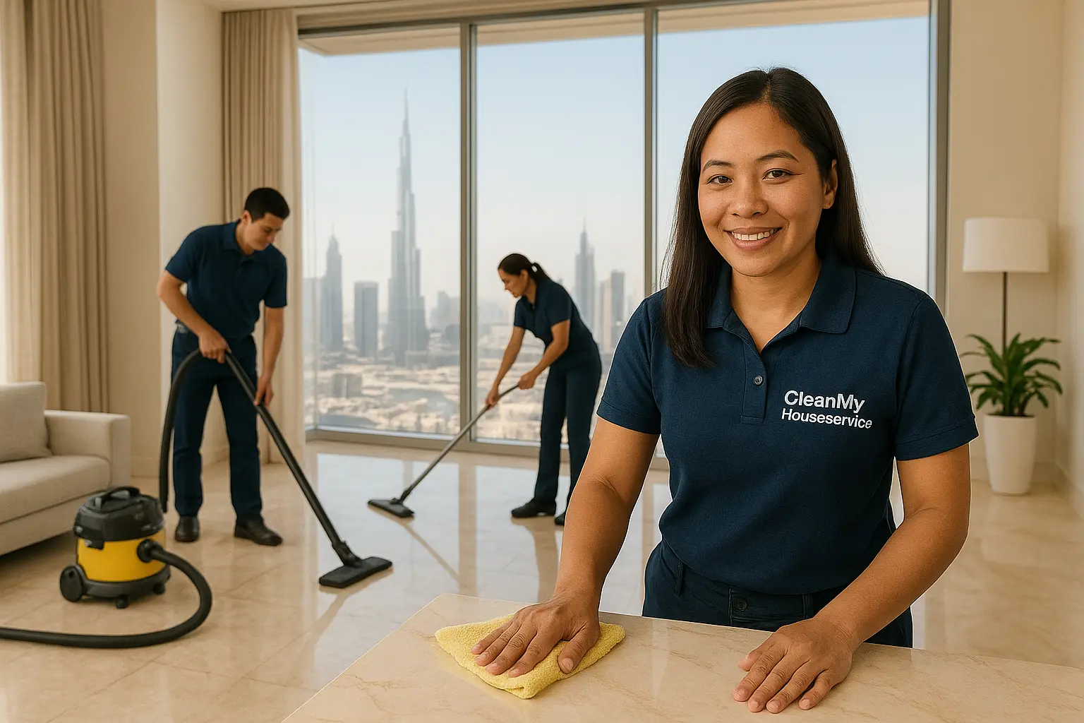 Professional cleaners performing detailed move-out cleaning in a luxurious Dubai apartment. Workers clean glass windows and vacuum a plush carpet, with Dubai's skyline visible. High-end cleaning supplies, textures, and polished surfaces under warm light highlight meticulous attention to detail and sophistication.