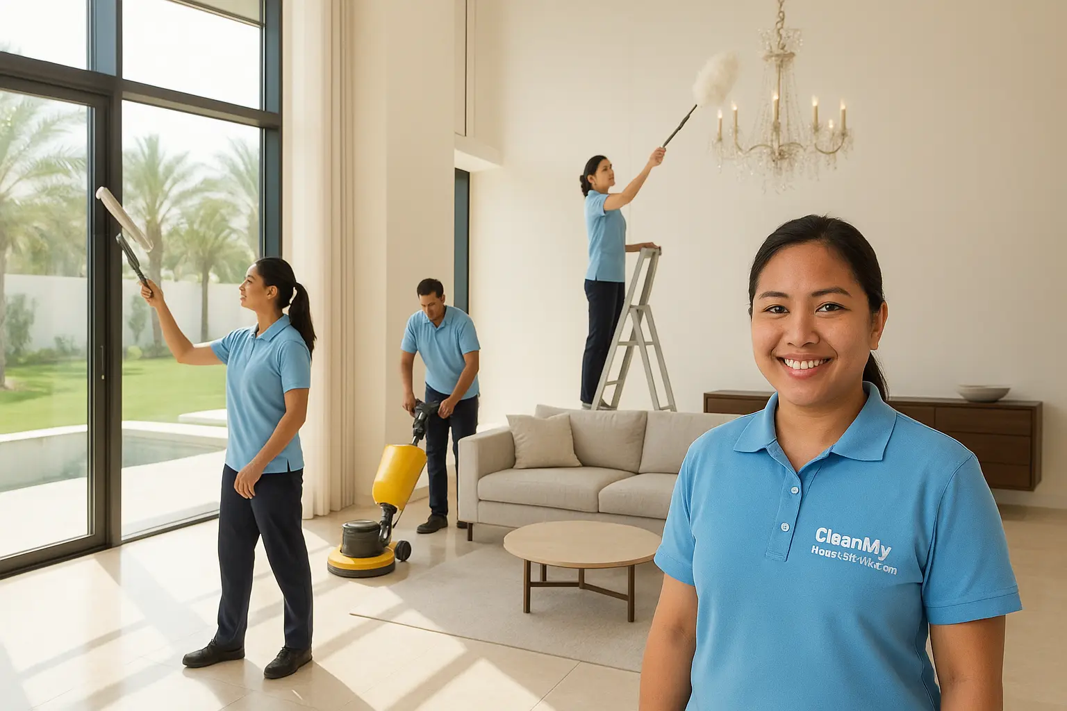 Professional cleaning crew deep cleaning a luxurious villa in Dubai. Crews in light blue uniforms perform window washing, floor buffing, and chandelier dusting. Sunlight highlights minimalist interiors with high ceilings and modern furniture, emphasizing a pristine, well-kept environment.