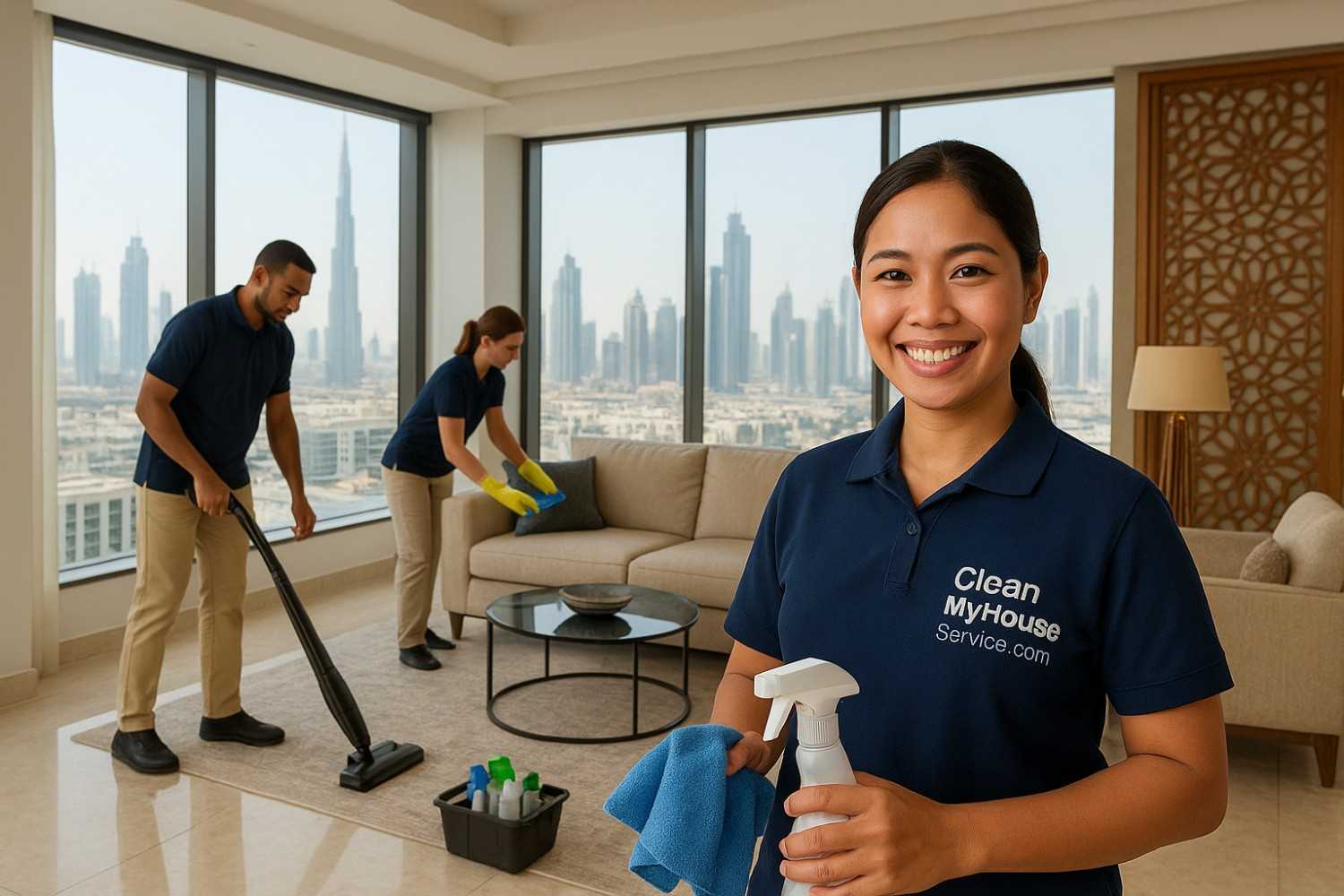 High-end cleaning team in Dubai efficiently working in a luxurious penthouse with iconic skyline views. Modern living area with advanced tools, eco-friendly products, and a blend of contemporary and Arabic decor. Picture captures dynamic focus and luxury ambiance.