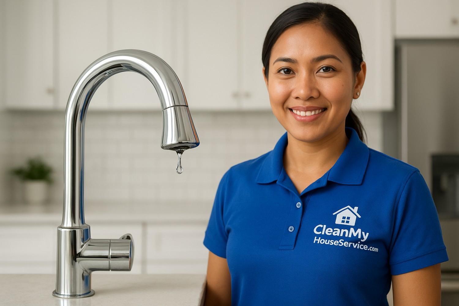 Macro photo of a gleaming chrome faucet with a water droplet in a spotless kitchen, highlighting cleanliness and precision in tailored cleaning services.