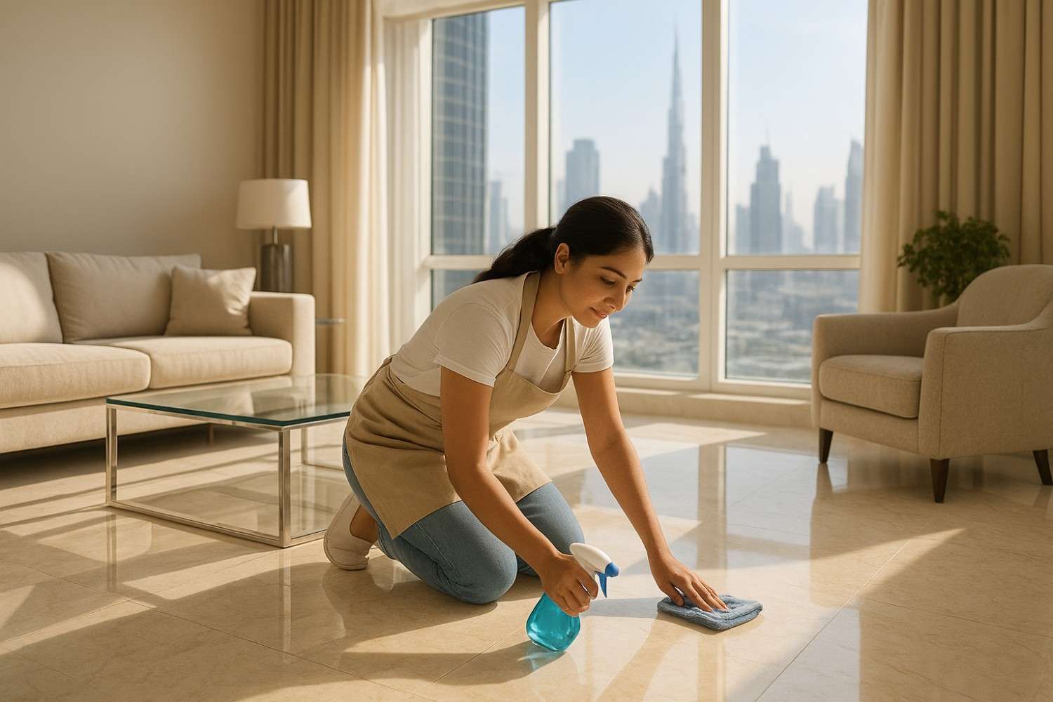 Cleaning professional polishes a glass table in a sunlit, modern Dubai apartment with skyline view. Minimalist design, white sofas, polished wooden floors reflect cleanliness and reliability. Captured with Canon EOS R5, illustrating trust and elegance, ideal for a cleaning service editorial feature.