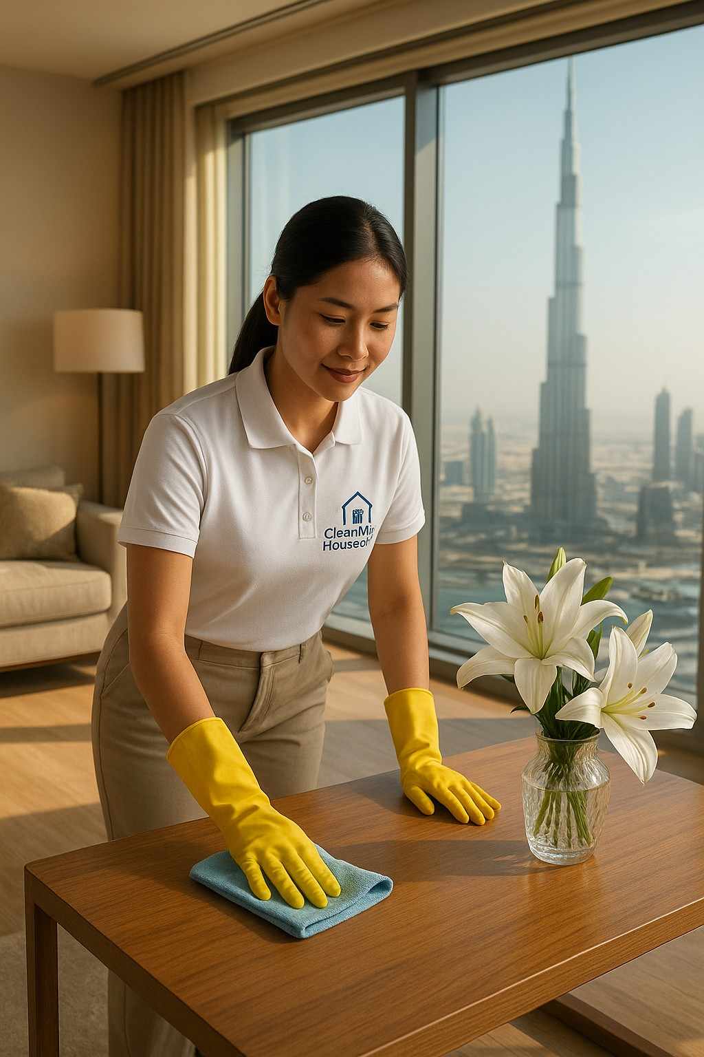 Professional CleanMyHouseService maid cleaning a modern luxurious Dubai apartment with panoramic windows overlooking Burj Khalifa. The maid dusts a wooden coffee table with a vase of white lilies, under soft afternoon light, highlighting a serene, well-maintained space.
