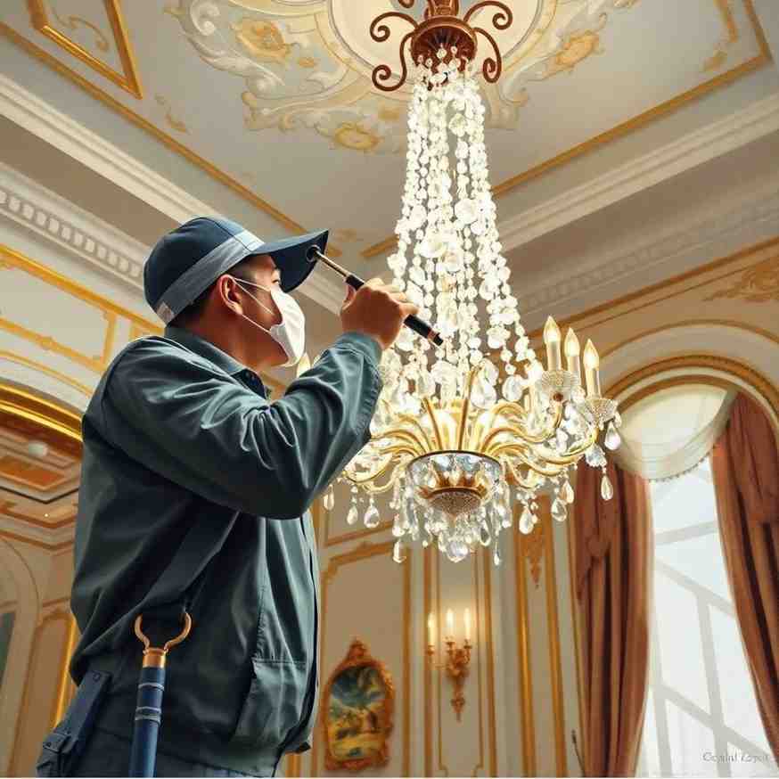 A domestic cleaner in a professional uniform meticulously cleans an ornate glass chandelier in a luxurious Dubai villa with marble flooring, expansive windows, and city views. Sunlight and reflections enhance this cinematic storytelling scene, showcasing high-end cleaning demands.