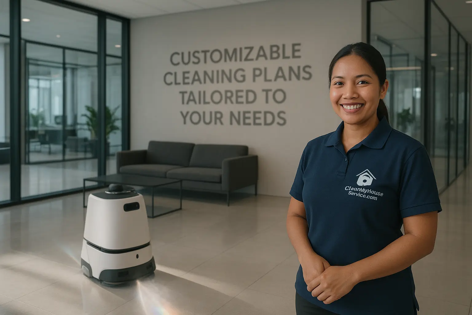 A modern office lobby with polished floors, glass walls, sleek furniture, and a cleaning robot polishing the floor. A vapor steam cleaner's spray catches sunlight, creating a prism effect. 'Customizable Cleaning Plans Tailored to Your Needs' is etched on the wall.