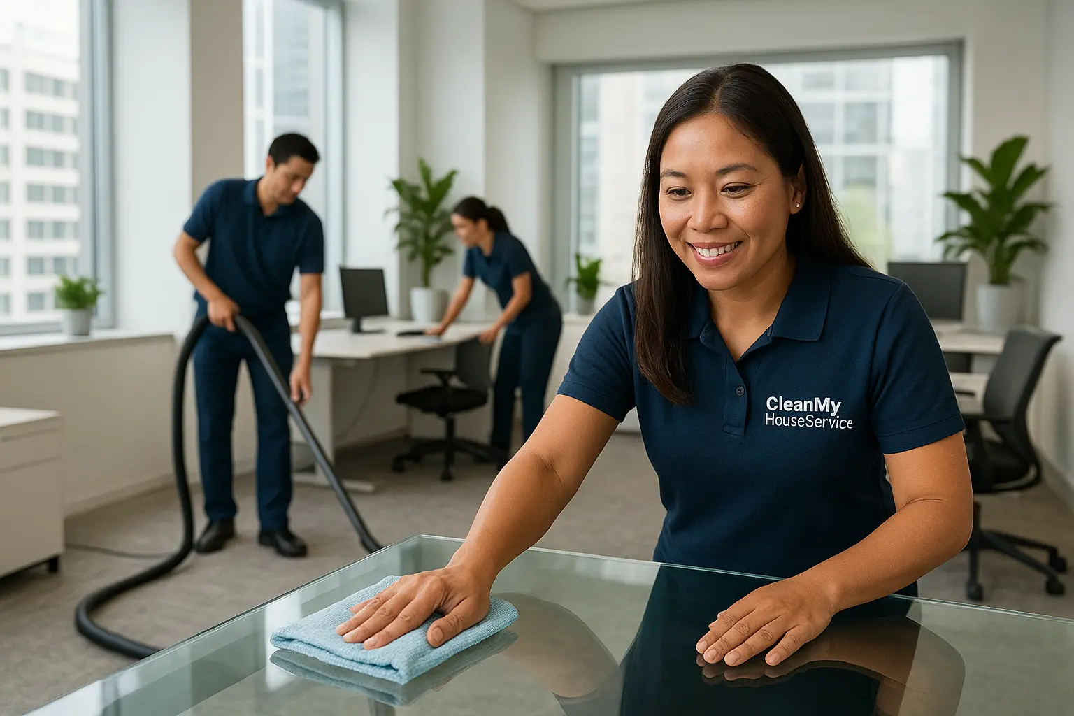 A dedicated cleaning crew in a modern office, vacuuming carpet and wiping a glass table. Natural light enhances the cleanliness, with ergonomic desks and greenery present, creating a professional and well-maintained environment. Nikon D850 captures the scene in detail.