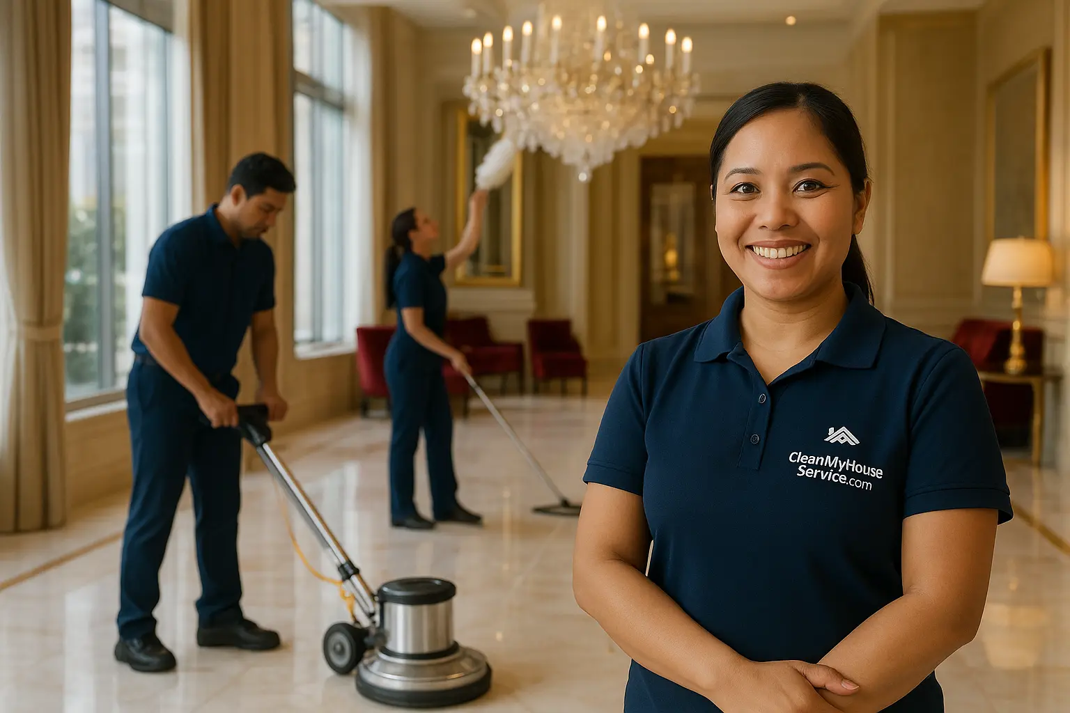Professional cleaning team in a luxurious hotel lobby; man polishing marble floor and woman dusting chandelier. Meticulous choreography, navy-blue uniforms, natural light through large windows, red velvet accents, and gold elements convey luxury and expertise in cleaning services.