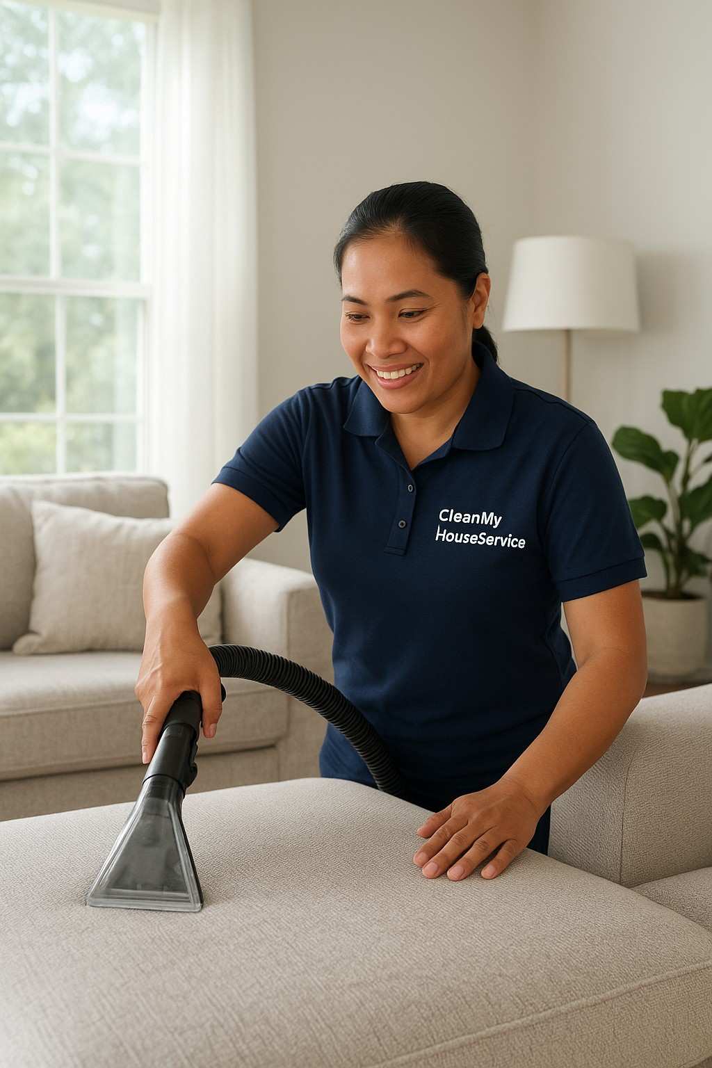 Professional upholstery care in a home living room with a technician cleaning a textured fabric sofa, showcasing meticulous detail and natural lighting, emphasizing cleanliness and rejuvenation.