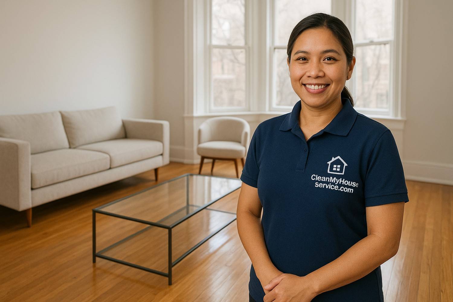 A hyper-realistic photo of a pristine living room showing exceptional cleaning services. Features polished hardwood floors, spotless bay window, minimalistic furniture, and a white cloth on a glass coffee table. Soft lighting enhances the ambient glow, with subtle details like smudges and wear marks visible.