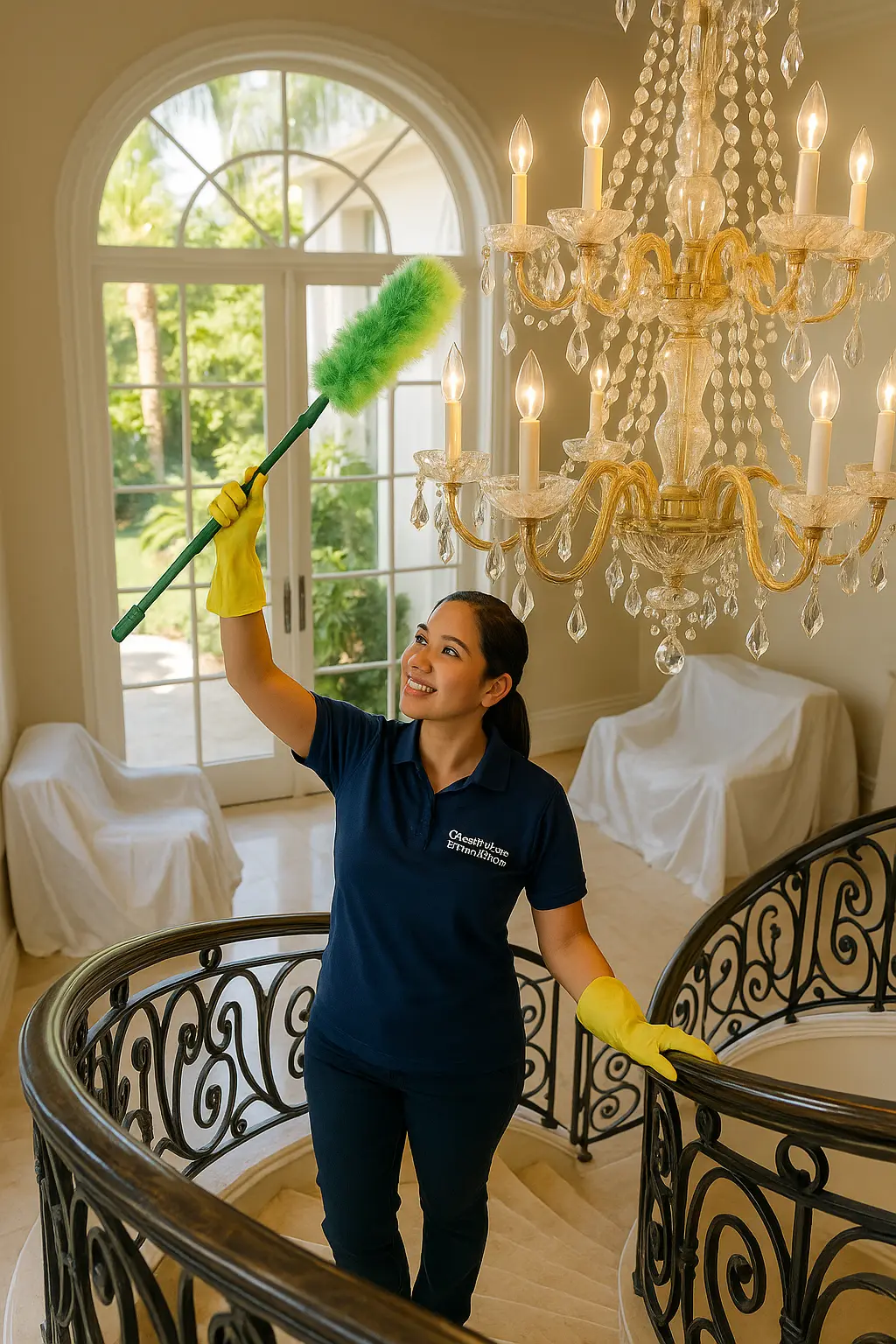 Professional clean marble staircase in villa, worker dusts chandelier. Sunlight illuminates elegant foyer, protective sheets cover furniture. Lush garden view and attention to details reflect care in cleaning process.